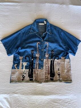 Dressbarn Denim Blue Cat Embroidered Button-Up Shirt 2X Plus Size Women